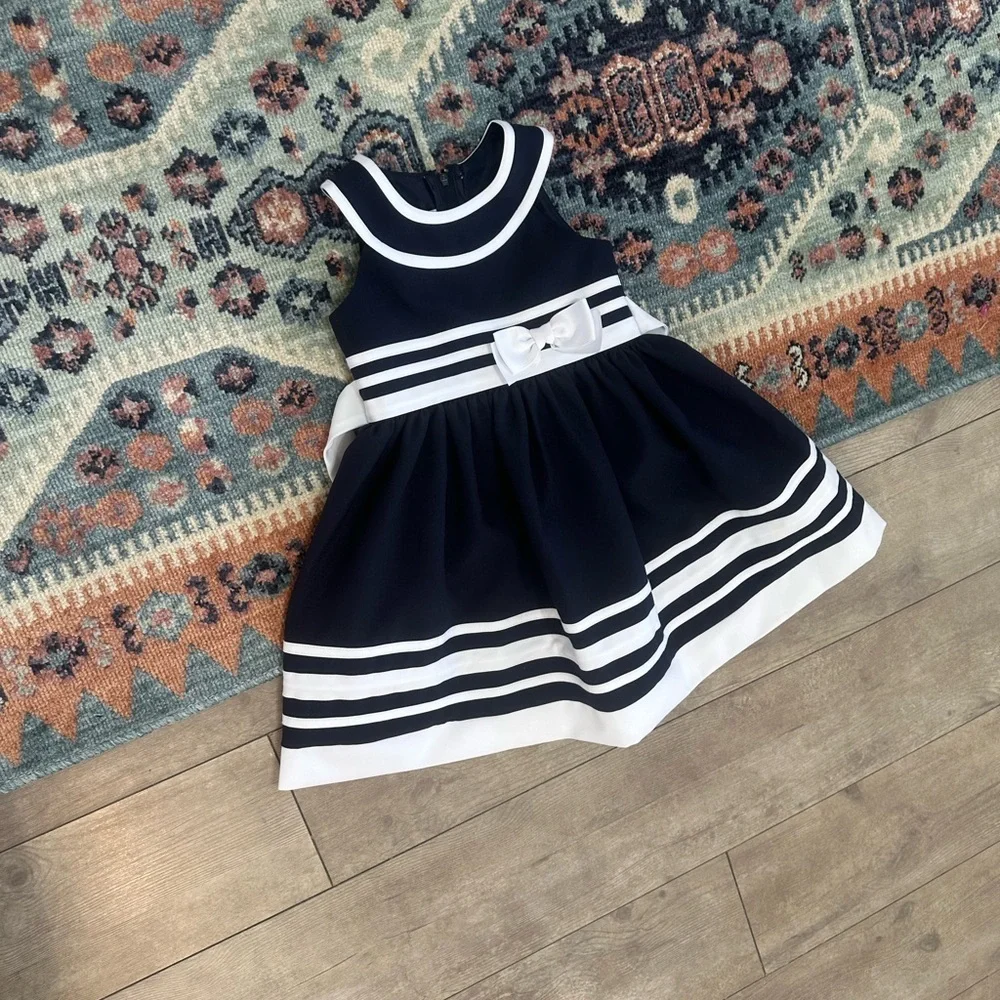 New Bonnie Jean Navy and White Formal Dress with Bow 3T Toddler Girl VTG Style